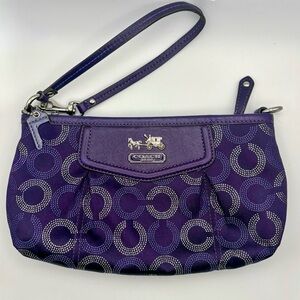 Coach Op Art Purple Wristlet – Metallic C Print – Leather Trim